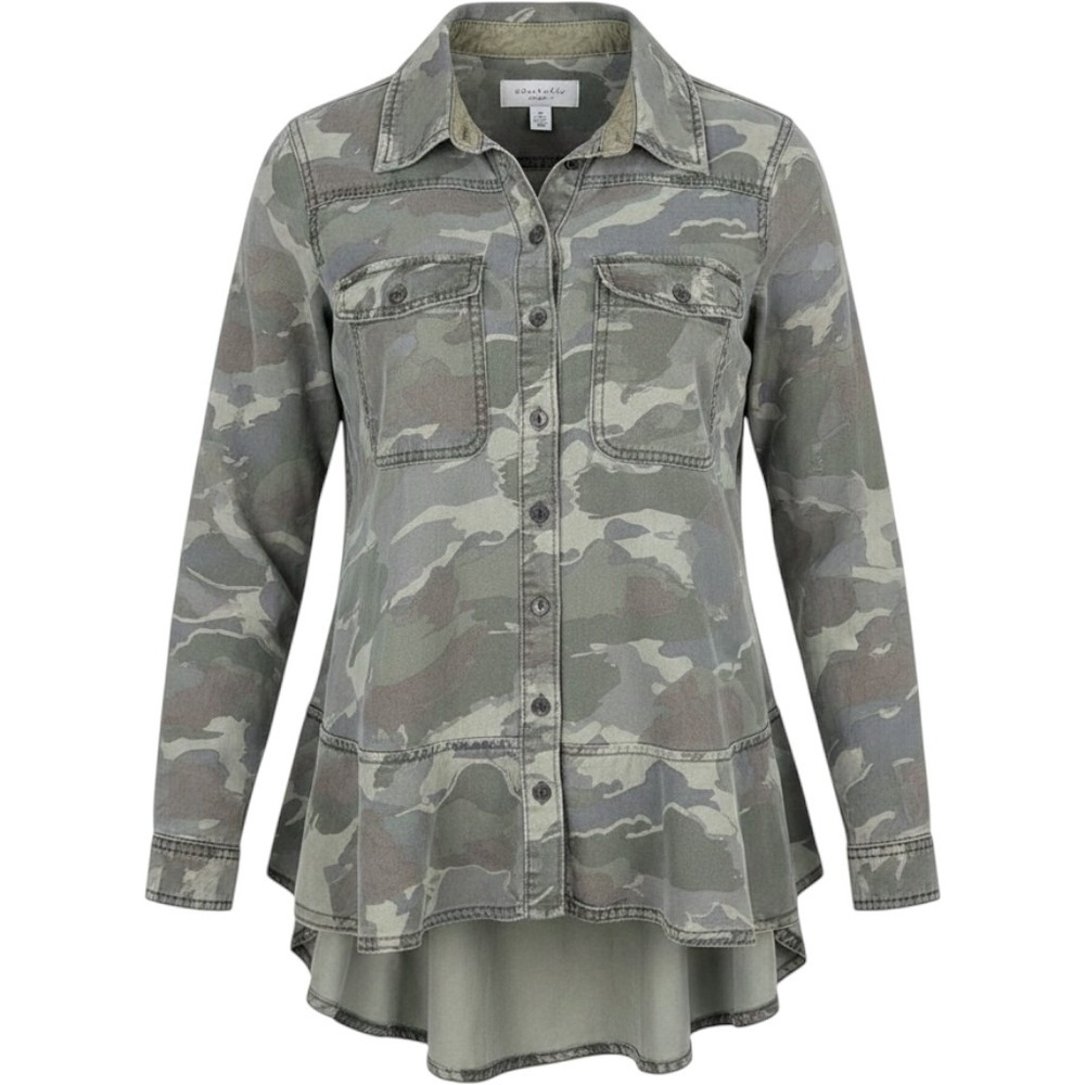Anthropologie Camo Utility Shirt Wms 2 Green Camouflage Peplum High Low Military